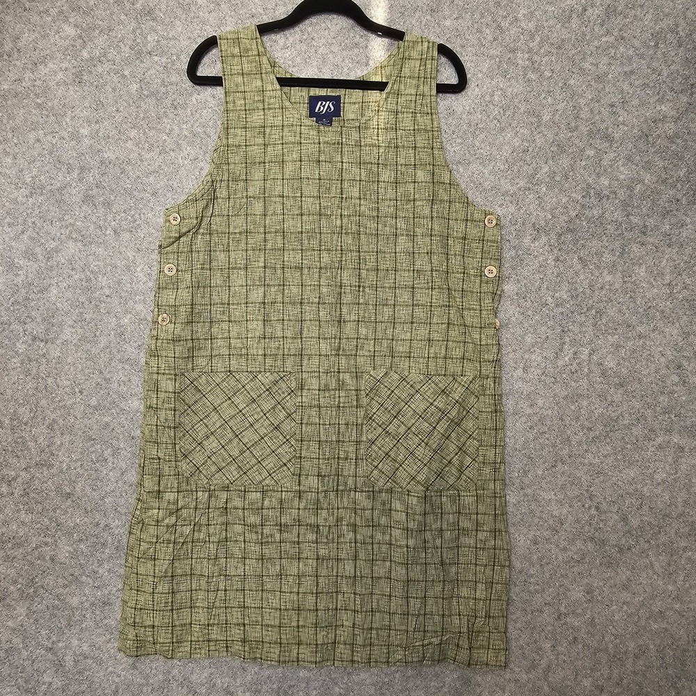 Jumper Dress Womens Medium Sage Green BJS Plaid Button Side Cotton Cottage NEW